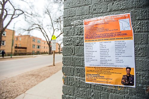 MIKAELA MACKENZIE / WINNIPEG FREE PRESS

Posters advertising vaccine eligibility in West Broadway in Winnipeg on Monday, April 26, 2021. For Cody story.
Winnipeg Free Press 2020.