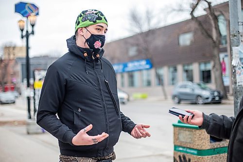 MIKAELA MACKENZIE / WINNIPEG FREE PRESS

Joshua Nixon speaks to the Free Press about vaccine eligibility in West Broadway in Winnipeg on Monday, April 26, 2021. For Cody story.
Winnipeg Free Press 2020.