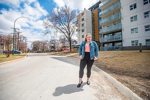 MIKAELA MACKENZIE / WINNIPEG FREE PRESS

Rebecca Driedger, who lives in one of the new high priority neighbourhoods (and is therefore eligible for the vaccine well before she expected to be), poses for a portrait by her apartment building in Winnipeg on Thursday, April 29, 2021. For Malak story.
Winnipeg Free Press 2020.