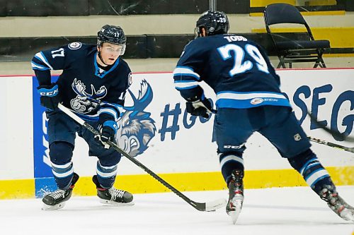 JOHN WOODS / WINNIPEG FREE PRESS
Manitoba Moose Cole Perfetti (17) skates against the Stockton Heat during first period AHL action in Winnipeg on Thursday, April 29, 2021.

Reporter: ?