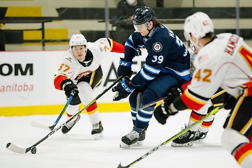 JOHN WOODS / WINNIPEG FREE PRESS
Manitoba Moose Jeff Malott (39) skates against the Stockton Heat during first period AHL action in Winnipeg on Thursday, April 29, 2021.

Reporter: ?