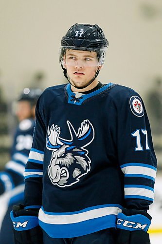 JOHN WOODS / WINNIPEG FREE PRESS
Manitoba Moose Cole Perfetti (17) during first period AHL action against the Stockton Heat in Winnipeg on Thursday, April 29, 2021.

Reporter: ?\