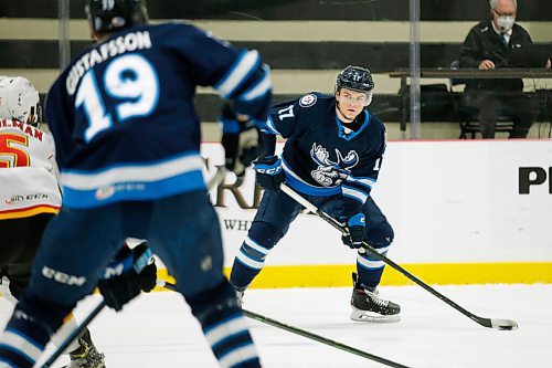 JOHN WOODS / WINNIPEG FREE PRESS
Manitoba Moose Cole Perfetti (17) skates against the Stockton Heat during first period AHL action in Winnipeg on Thursday, April 29, 2021.

Reporter: ?