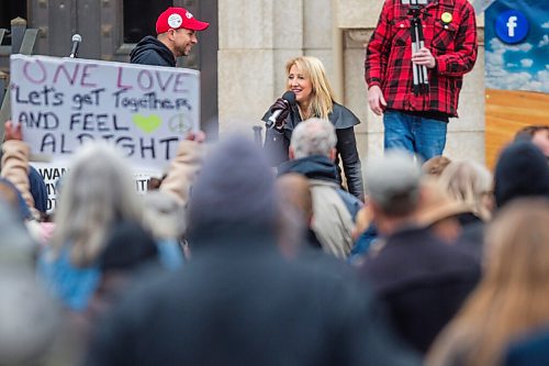 MIKAELA MACKENZIE / WINNIPEG FREE PRESS

Laura-Lynn Thompson speaks at a protest supporting the seven churches fighting pandemic restrictions in court in front of the Law Courts in Winnipeg on Monday, May 3, 2021. For JS story.
Winnipeg Free Press 2020.