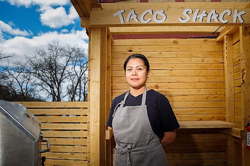 MIKE DEAL / WINNIPEG FREE PRESS
Gina Navarro, creative consultant and cook, in the outdoor taco shack in the Beer Can. The Beer Cantina is a Mexican-inspired food stand offering food made with local ingredients to patrons of the patio. Local chef Keith Csabak is leading the endeavour and there will be more cooks in the kitchen during regular pop-ups. This is a step up from the food truck they partnered with last year.
210504 - Tuesday, May 04, 2021.