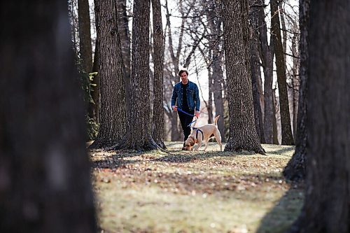 JOHN WOODS / WINNIPEG FREE PRESS
Grant Davidson, aka Slow Leaves, a Winnipeg singer/songwriter and musician walks with his dog Charlie at St. Vital Park Tuesday, May 4, 2021. 

Reporter: Small
