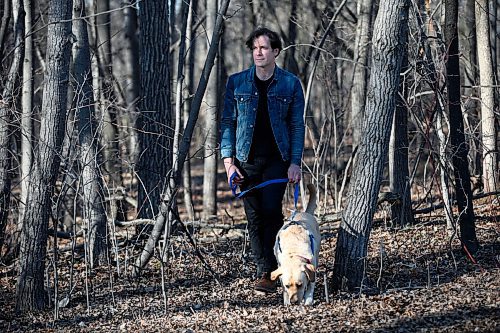 JOHN WOODS / WINNIPEG FREE PRESS
Grant Davidson, aka Slow Leaves, a Winnipeg singer/songwriter and musician walks with his dog Charlie at St. Vital Park Tuesday, May 4, 2021. 

Reporter: Small
