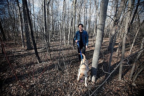 JOHN WOODS / WINNIPEG FREE PRESS
Grant Davidson, aka Slow Leaves, a Winnipeg singer/songwriter and musician walks with his dog Charlie at St. Vital Park Tuesday, May 4, 2021. 

Reporter: Small
