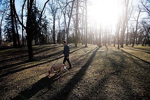 JOHN WOODS / WINNIPEG FREE PRESS
Grant Davidson, aka Slow Leaves, a Winnipeg singer/songwriter and musician walks with his dog Charlie at St. Vital Park Tuesday, May 4, 2021. 

Reporter: Small
