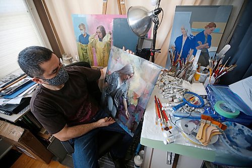 JOHN WOODS / WINNIPEG FREE PRESS
Clinton Roberts, a self taught artist who works at the patient transport department at the Health Sciences Centre, is photographed in his small home studio with some of the portraits he has painted of his co-workers Wednesday, May 5, 2021. 

Reporter: Wasney
