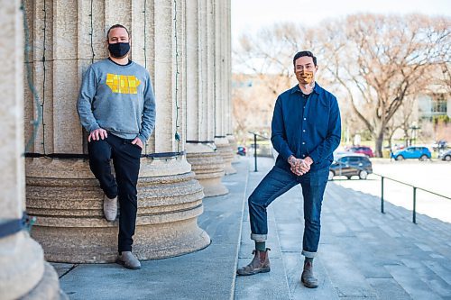 MIKAELA MACKENZIE / WINNIPEG FREE PRESS

Chefs Michael Robins (left) and Keegan Misanchuk, who have have started an upscale pop-up catering business called Two Hands, pose for a portrait on the legislative grounds in Winnipeg on Wednesday, May 5, 2021. For Eva story.
Winnipeg Free Press 2020.