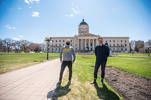 MIKAELA MACKENZIE / WINNIPEG FREE PRESS

Chefs Michael Robins (left) and Keegan Misanchuk, who have have started an upscale pop-up catering business called Two Hands, pose for a portrait on the legislative grounds in Winnipeg on Wednesday, May 5, 2021. For Eva story.
Winnipeg Free Press 2020.