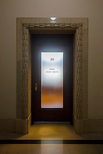 MIKE DEAL / WINNIPEG FREE PRESS
The closed door to the Premier's office in a mostly empty Manitoba Legislative building Thursday afternoon. 
See Carol Sanders story
210506 - Thursday, May 06, 2021.