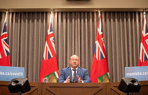 MIKE SUDOMA / WINNIPEG FREE PRESS  
Dr Brent Roussin announces a stricter set of restrictions during a press conference at the Manitoba Legislative Building Friday evening
April 22, 2021