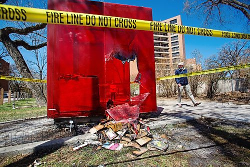 MIKE DEAL / WINNIPEG FREE PRESS
The Red Box Free Community Library at 258 Wellington Crescent damaged by fire Monday afternoon. 
210510 - Monday, May 10, 2021.
