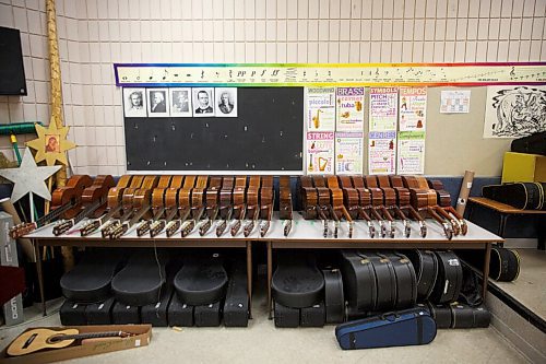 MIKE DEAL / WINNIPEG FREE PRESS
Guitars are lined up on a table in the music room at R. F. Morrison School.
See Maggie Macintosh story
210519 - Wednesday, May 19, 2021.