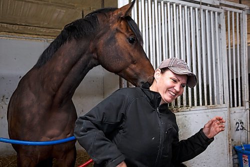 MIKE DEAL / WINNIPEG FREE PRESS
Trainer Shelley Brown with Real Grace, winner of the 2020 Canadian Derby, in her barn at Assiniboia Downs Thursday morning.
See George Williams story
210520 - Thursday, May 20, 2021.