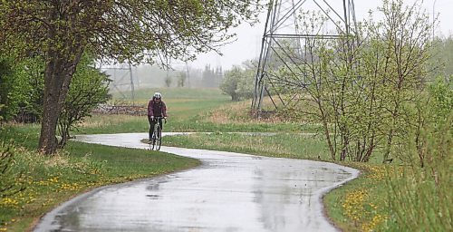 MIKE DEAL / WINNIPEG FREE PRESS
A cyclist makes their way along the Bishop Grandin Greenway during a steady rain Thursday afternoon. 
210520 - Thursday, May 20, 2021