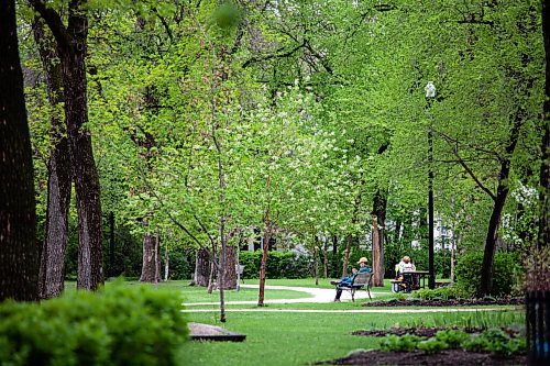 Daniel Crump / Winnipeg Free Press. Individuals sit separately in Enderton Park in Crescentwood, observing current public health restrictions. May 19, 2021.