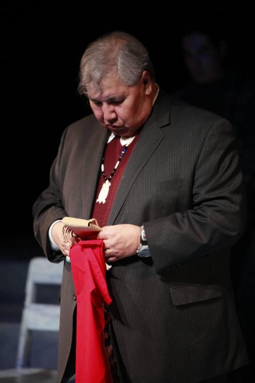BORIS.MINKEVICH@FREEPRESS.MB.CA WINNIPEG FREE PRESS 100311 Truth and Reconciliation Commission Chair Justice Murray Sinclair gives blessing to Kevin Loring's play Where the Blood Mixes at The Prairie Theatre Exchange.
