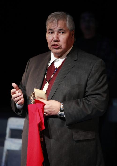 BORIS.MINKEVICH@FREEPRESS.MB.CA  WINNIPEG FREE PRESS 100311 Truth and Reconciliation Commission Chair Justice Murray Sinclair gives blessing to Kevin Loring's play Where the Blood Mixes at The Prairie Theatre Exchange.