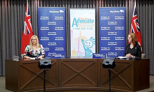 MIKE DEAL / WINNIPEG FREE PRESS
Families Minister Rochelle Squires (left) and Ainsley Krone (right), acting advocate, Manitoba Advocate for Children and Youth during an announcement at the Manitoba Legislative building Tuesday morning, that the provincial government is expanding the mandate of the Manitoba Advocate for Children and Youth to review or investigate serious injuries and deaths of children outside the child welfare and adoption systems.
210525 - Tuesday, May 25, 2021.