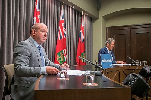 MIKAELA MACKENZIE / WINNIPEG FREE PRESS

Chief public health officer Dr. Brent Roussin (left) and premier Brian Pallister announce new restrictions at the Manitoba Legislative Building in Winnipeg on Thursday, May 27, 2021. For Larry Kusch story.
Winnipeg Free Press 2020.