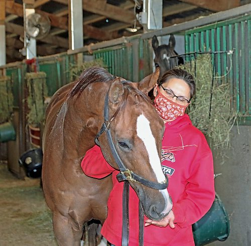 George Williams / Winnipeg Free Press
Jennifer Tourangeau, Assistant trainer for Jerry Gourneau, with Wednesday evening's One Night Lover Overnight Stakes winner St. Louie Guy, on Thursday morning at the Downs.