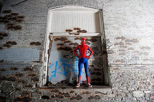 JOHN WOODS / WINNIPEG FREE PRESS
Winnipegs Spider-Man is photographed in the Exchange District in Winnipeg Monday, May 31, 2021. Spider-Man conducts neighbourhood patrols on his bicycle.

Reporter: Sanderson