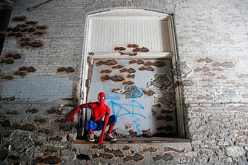 JOHN WOODS / WINNIPEG FREE PRESS
Winnipegs Spider-Man is photographed in the Exchange District in Winnipeg Monday, May 31, 2021. Spider-Man conducts neighbourhood patrols on his bicycle.

Reporter: Sanderson