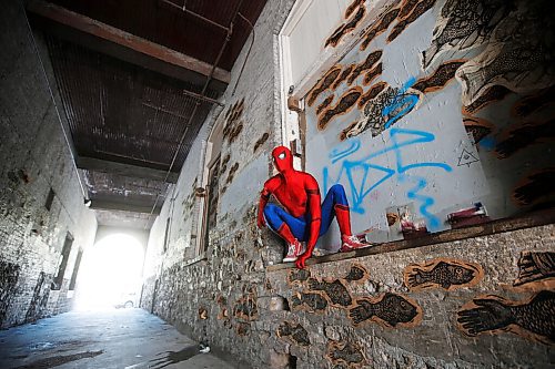 JOHN WOODS / WINNIPEG FREE PRESS
Winnipegs Spider-Man is photographed in the Exchange District in Winnipeg Monday, May 31, 2021. Spider-Man conducts neighbourhood patrols on his bicycle.

Reporter: Sanderson