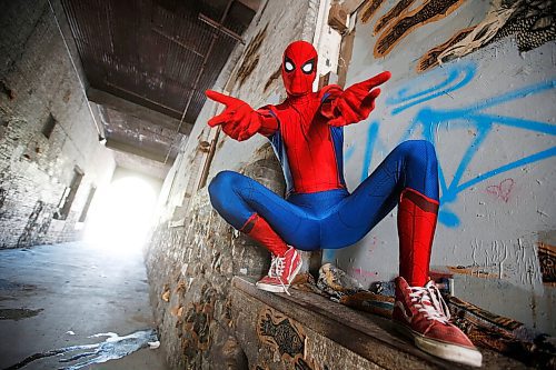 JOHN WOODS / WINNIPEG FREE PRESS
Winnipegs Spider-Man is photographed in the Exchange District in Winnipeg Monday, May 31, 2021. Spider-Man conducts neighbourhood patrols on his bicycle.

Reporter: Sanderson