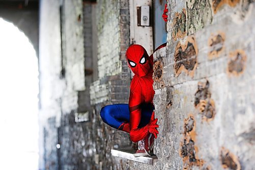 JOHN WOODS / WINNIPEG FREE PRESS
Winnipegs Spider-Man is photographed in the Exchange District in Winnipeg Monday, May 31, 2021. Spider-Man conducts neighbourhood patrols on his bicycle.

Reporter: Sanderson