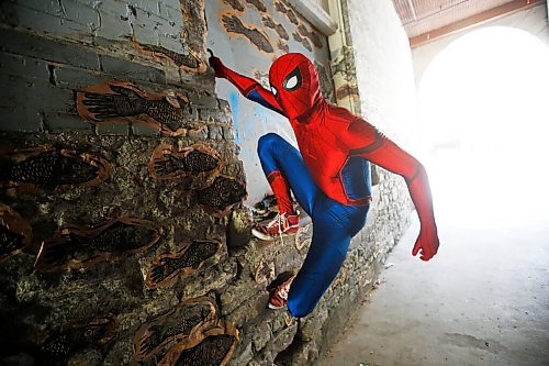 JOHN WOODS / WINNIPEG FREE PRESS
Winnipegs Spider-Man is photographed in the Exchange District in Winnipeg Monday, May 31, 2021. Spider-Man conducts neighbourhood patrols on his bicycle.

Reporter: Sanderson