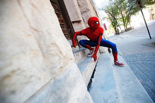 JOHN WOODS / WINNIPEG FREE PRESS
Winnipegs Spider-Man is photographed in the Exchange District in Winnipeg Monday, May 31, 2021. Spider-Man conducts neighbourhood patrols on his bicycle.

Reporter: Sanderson