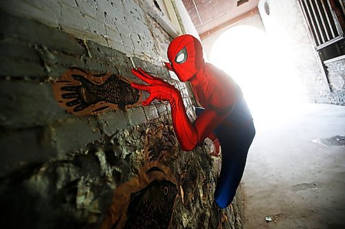 JOHN WOODS / WINNIPEG FREE PRESS
Winnipegs Spider-Man is photographed in the Exchange District in Winnipeg Monday, May 31, 2021. Spider-Man conducts neighbourhood patrols on his bicycle.

Reporter: Sanderson