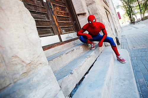 JOHN WOODS / WINNIPEG FREE PRESS
Winnipegs Spider-Man is photographed in the Exchange District in Winnipeg Monday, May 31, 2021. Spider-Man conducts neighbourhood patrols on his bicycle.

Reporter: Sanderson