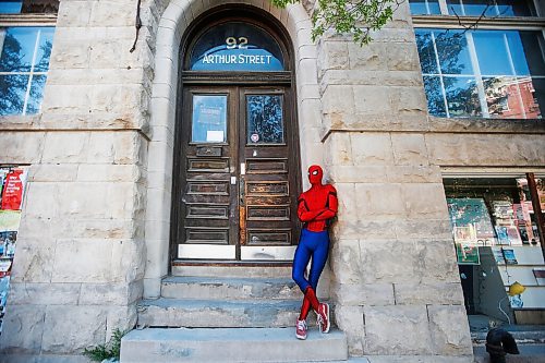 JOHN WOODS / WINNIPEG FREE PRESS
Winnipegs Spider-Man is photographed in the Exchange District in Winnipeg Monday, May 31, 2021. Spider-Man conducts neighbourhood patrols on his bicycle.

Reporter: Sanderson