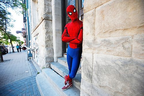 JOHN WOODS / WINNIPEG FREE PRESS
Winnipegs Spider-Man is photographed in the Exchange District in Winnipeg Monday, May 31, 2021. Spider-Man conducts neighbourhood patrols on his bicycle.

Reporter: Sanderson