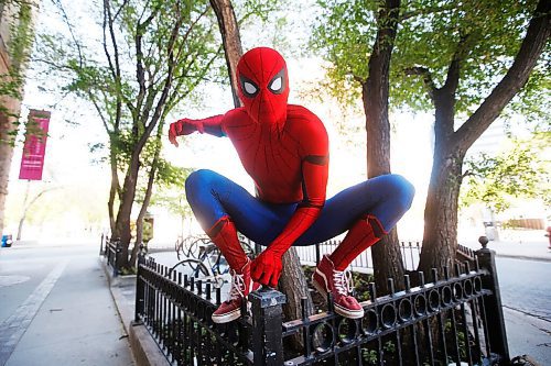 JOHN WOODS / WINNIPEG FREE PRESS
Winnipegs Spider-Man is photographed in the Exchange District in Winnipeg Monday, May 31, 2021. Spider-Man conducts neighbourhood patrols on his bicycle.

Reporter: Sanderson