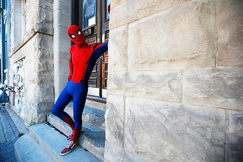 JOHN WOODS / WINNIPEG FREE PRESS
Winnipegs Spider-Man is photographed in the Exchange District in Winnipeg Monday, May 31, 2021. Spider-Man conducts neighbourhood patrols on his bicycle.

Reporter: Sanderson