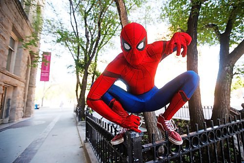 JOHN WOODS / WINNIPEG FREE PRESS
Winnipegs Spider-Man is photographed in the Exchange District in Winnipeg Monday, May 31, 2021. Spider-Man conducts neighbourhood patrols on his bicycle.

Reporter: Sanderson