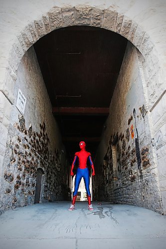 JOHN WOODS / WINNIPEG FREE PRESS
Winnipegs Spider-Man is photographed in the Exchange District in Winnipeg Monday, May 31, 2021. Spider-Man conducts neighbourhood patrols on his bicycle.

Reporter: Sanderson