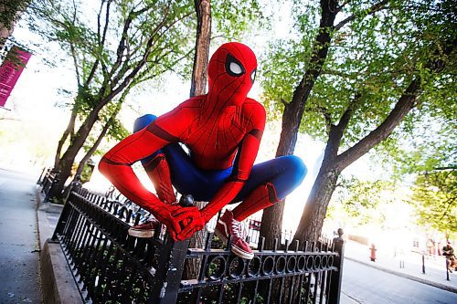 JOHN WOODS / WINNIPEG FREE PRESS
Winnipegs Spider-Man is photographed in the Exchange District in Winnipeg Monday, May 31, 2021. Spider-Man conducts neighbourhood patrols on his bicycle.

Reporter: Sanderson