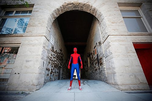 JOHN WOODS / WINNIPEG FREE PRESS
Winnipegs Spider-Man is photographed in the Exchange District in Winnipeg Monday, May 31, 2021. Spider-Man conducts neighbourhood patrols on his bicycle.

Reporter: Sanderson