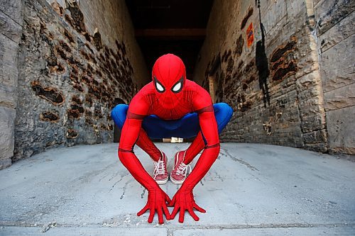 JOHN WOODS / WINNIPEG FREE PRESS
Winnipegs Spider-Man is photographed in the Exchange District in Winnipeg Monday, May 31, 2021. Spider-Man conducts neighbourhood patrols on his bicycle.

Reporter: Sanderson