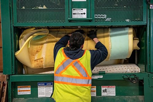 ALEX LUPUL / WINNIPEG FREE PRESS  

A Mother Earth Recycling employee pushes the foam from a mattress into a compacter at the company's facilities in Winnipeg Tuesday, June 1, 2021. The Indigenous owned and operated company has diverted 50,000 mattresses away from the landfill in Manitoba in the last five years.

Reporter: Ben Waldman