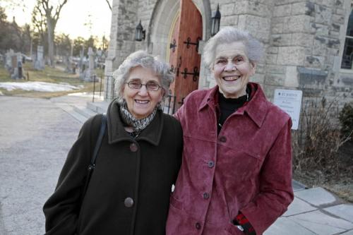 BORIS.MINKEVICH@FREEPRESS.MB.CA  100316 BORIS MINKEVICH / WINNIPEG FREE PRESS Women tell their stories from the North End. Addie Penner and Ruth Rachlis pose for a photo before the panel discussion at St. John's Anglican Cathedral.
