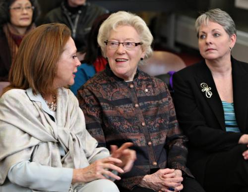 BORIS.MINKEVICH@FREEPRESS.MB.CA 100317 BORIS MINKEVICH / WINNIPEG FREE PRESS Flora MacDonald (centre) sits and waits to speak at the event held by the Winnipeg branch of the Canadian International Council. The event took place at the University of Manitoba. No ID's on the other women waiting.
