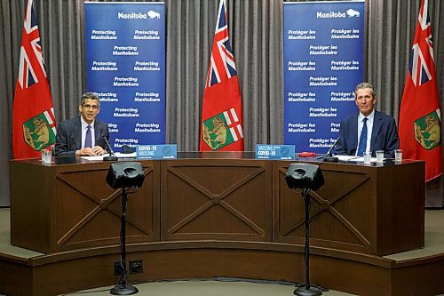 MIKE DEAL / WINNIPEG FREE PRESS
Premier Brian Pallister and Manny Atwal, president and CEO, Manitoba Liquor and Lotteries, during a vaccine incentive announcement Wednesday morning. The province will be offering nearly $2 million in cash and scholarships to encourage more Manitobans to get the shot this summer.
210609 - Wednesday, June 09, 2021.